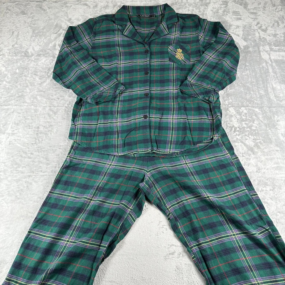 Lauren Ralph Lauren Pajama Set Womens XL Green Plaid Flannel Crest Loungewear